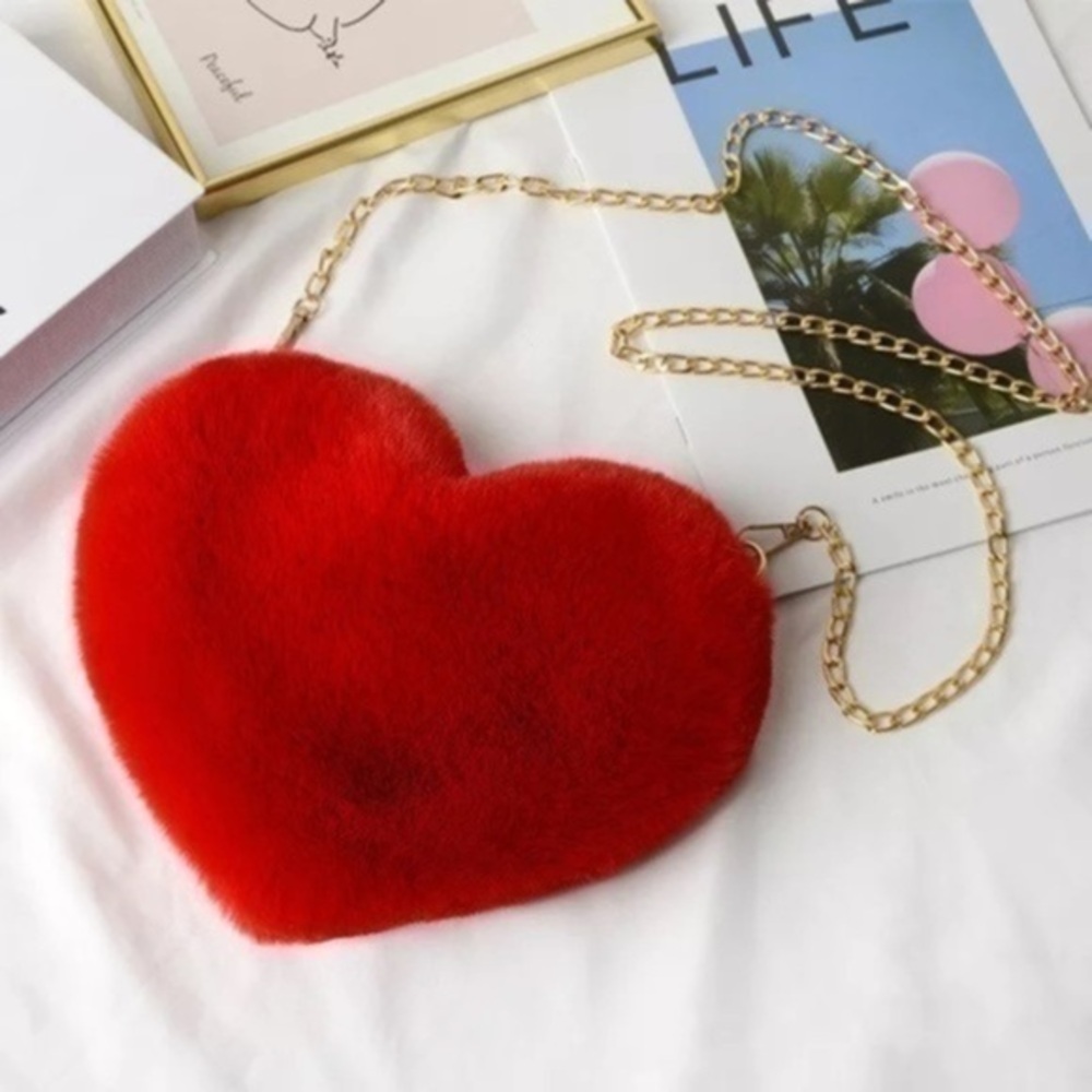 Red Faux Rabbit Fur Heart Crossbody Purse